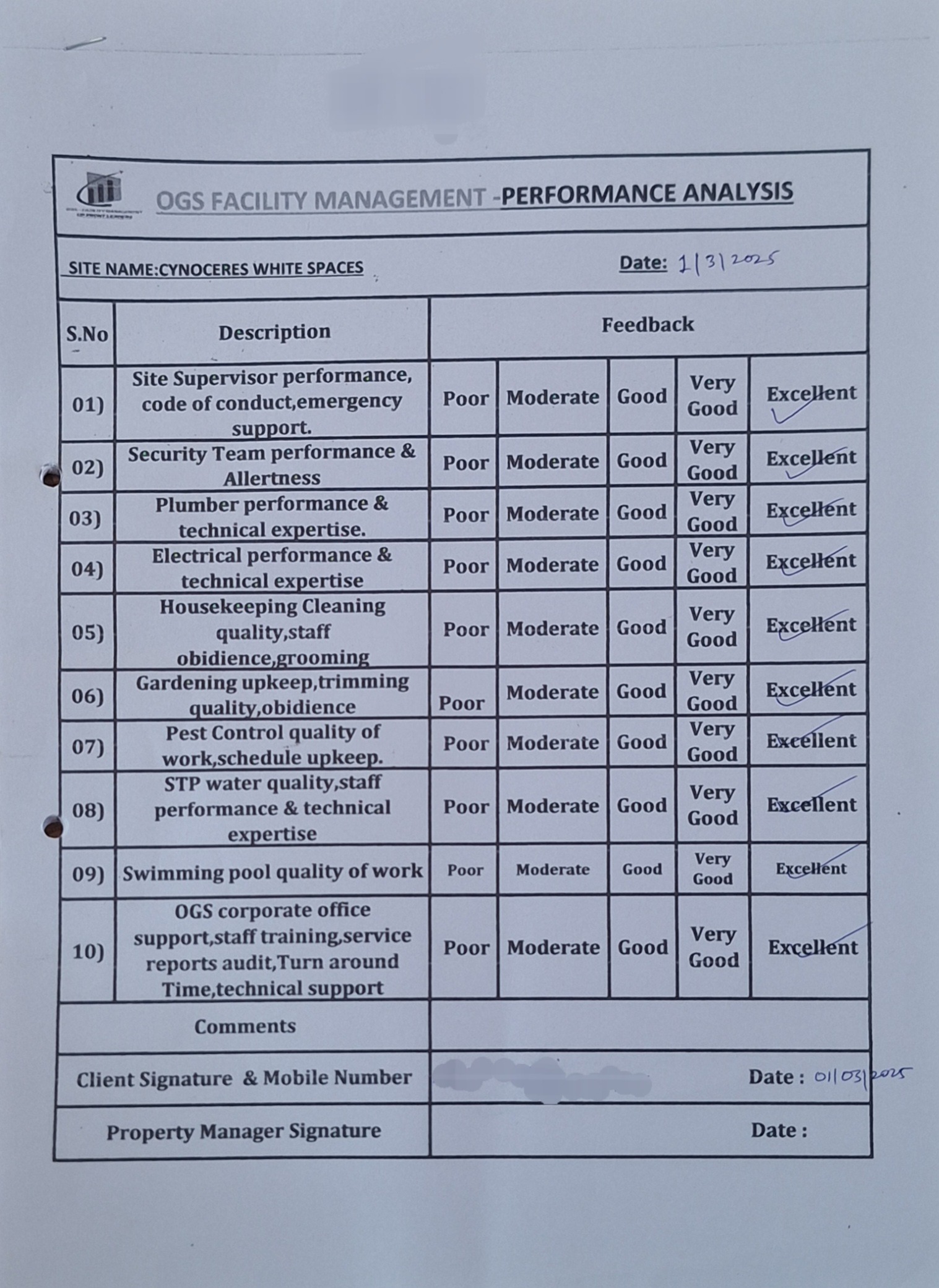 OGSFM customer satisfaction sheet of facility management company