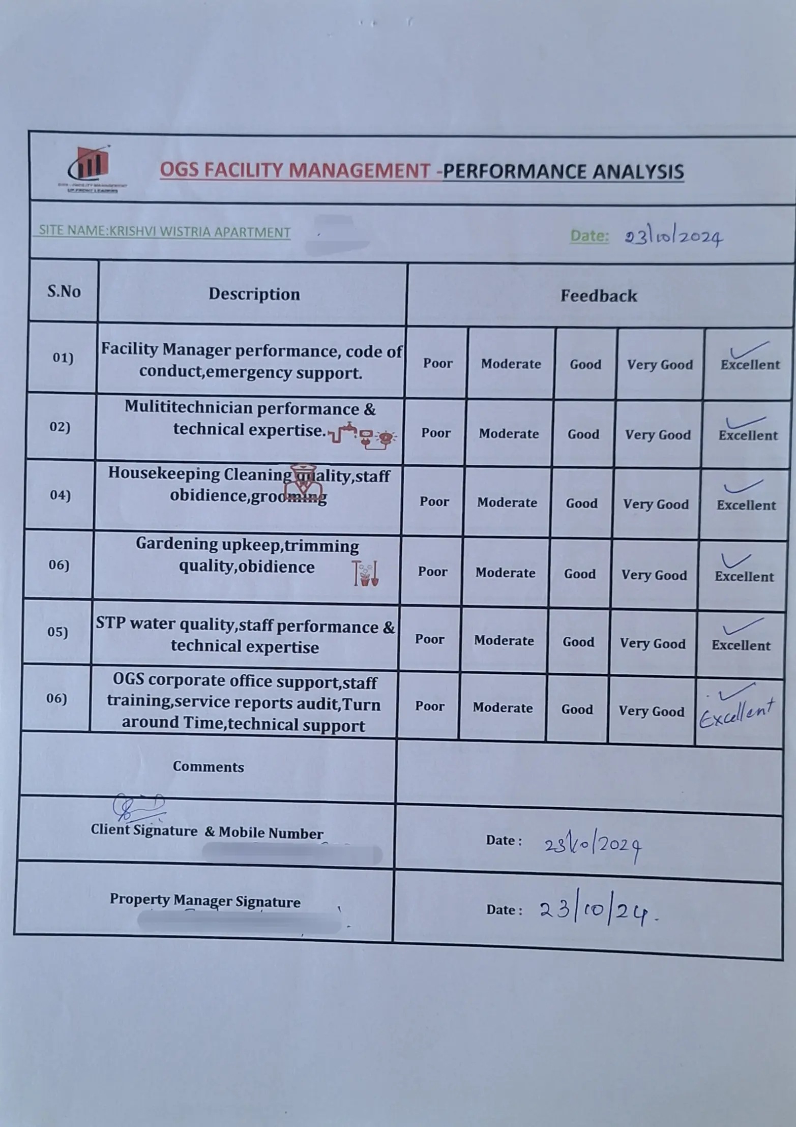 OGSFM's customer satisfaction sheet of facility management company