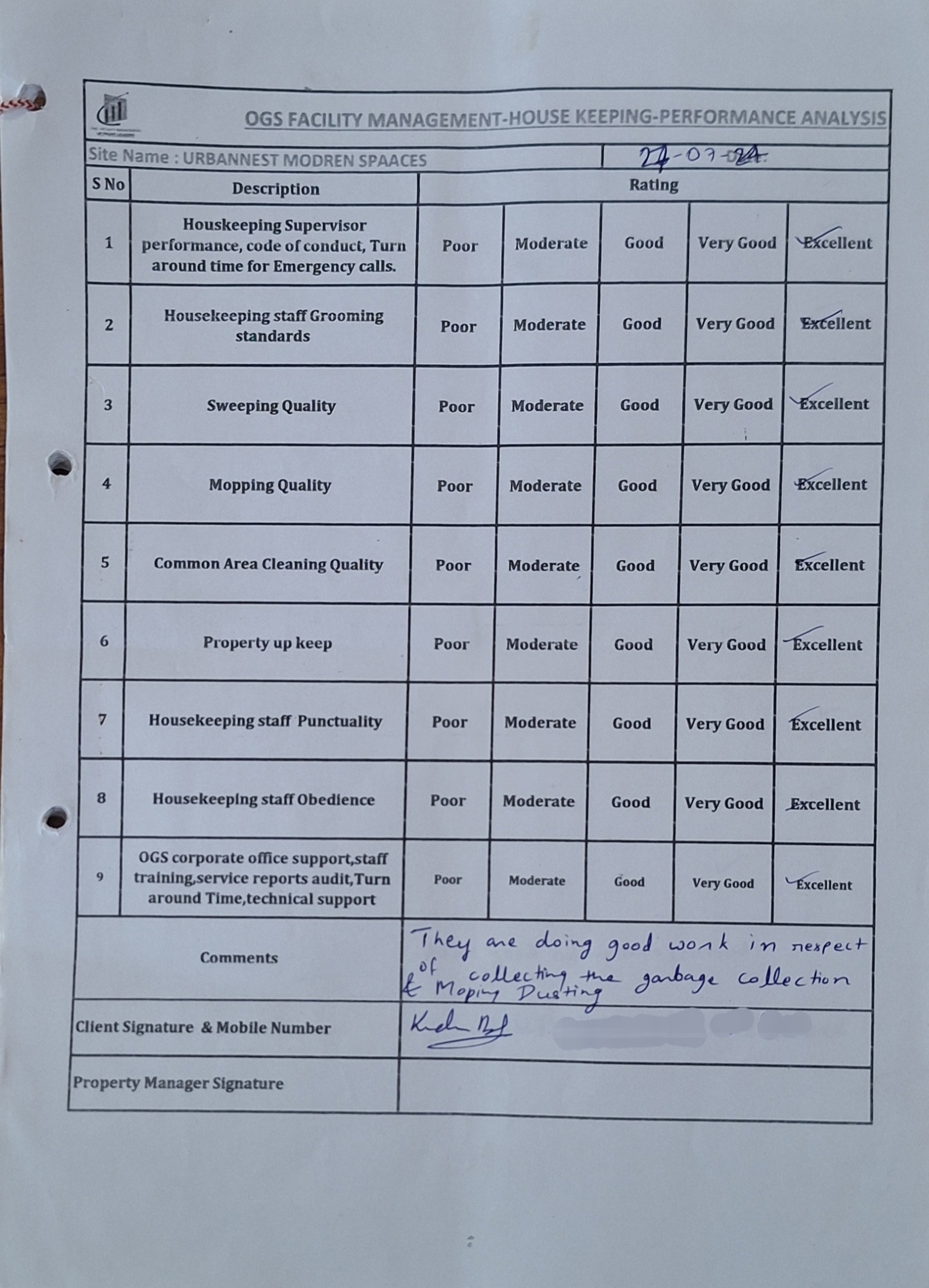 Housekeeping performance analysis form for UrbanNest Modern Spaces with all categories rated “Excellent” and a positive handwritten comment.